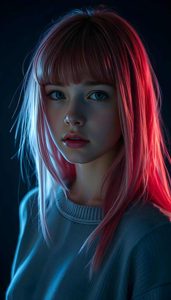 a young petite teen girl, she has (((long straight neon pink and red hair, bangs cut))), and (realistic dark blue eyes), ((angelic round face)), perfect shadows, ((wearing a thin light grey fine sweater)), she looks seductively at the viewer, weak light falls into the picture and creates a contrasting silhouette, upper body, flawless skin, dark blue mystic background, ((ultra realistic photo)) ((stunning)) ((gorgeous)) ((4k))