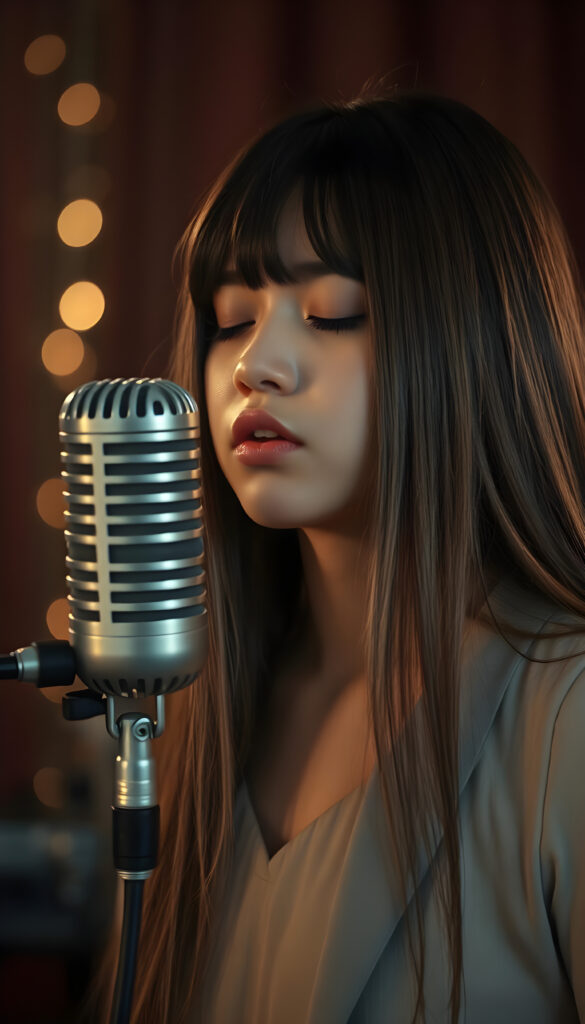 a young singer with long straight hair in front of an old retro microphone, closed eyes