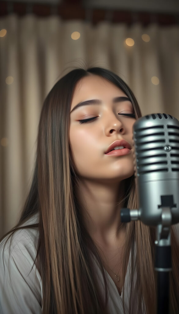 a young singer with long straight hair in front of an old retro microphone, closed eyes