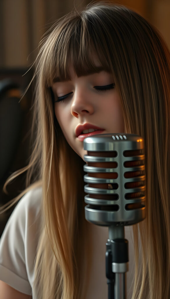 a young singer with long straight hair in front of an old retro microphone, closed eyes