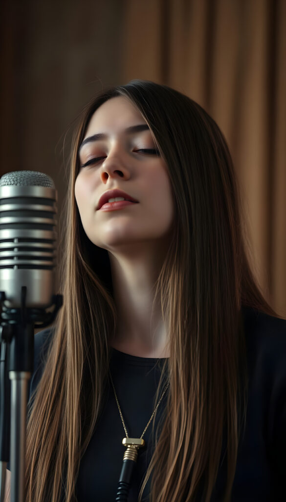 a young singer with long straight hair in front of an old retro microphone, closed eyes