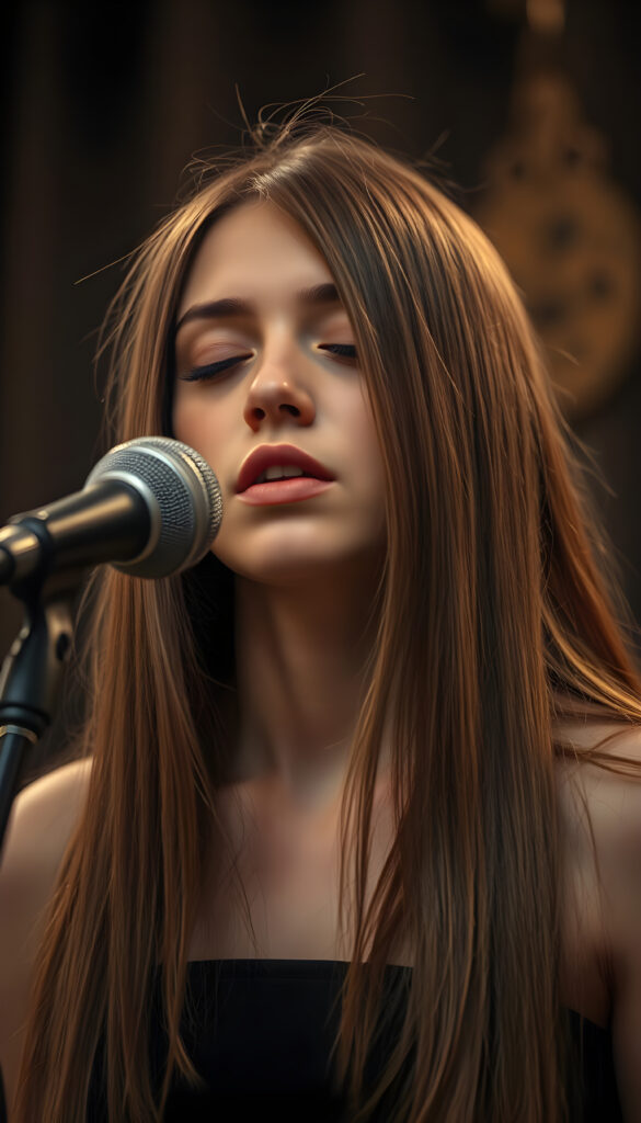a young singer with long straight hair in front of an old retro microphone, closed eyes