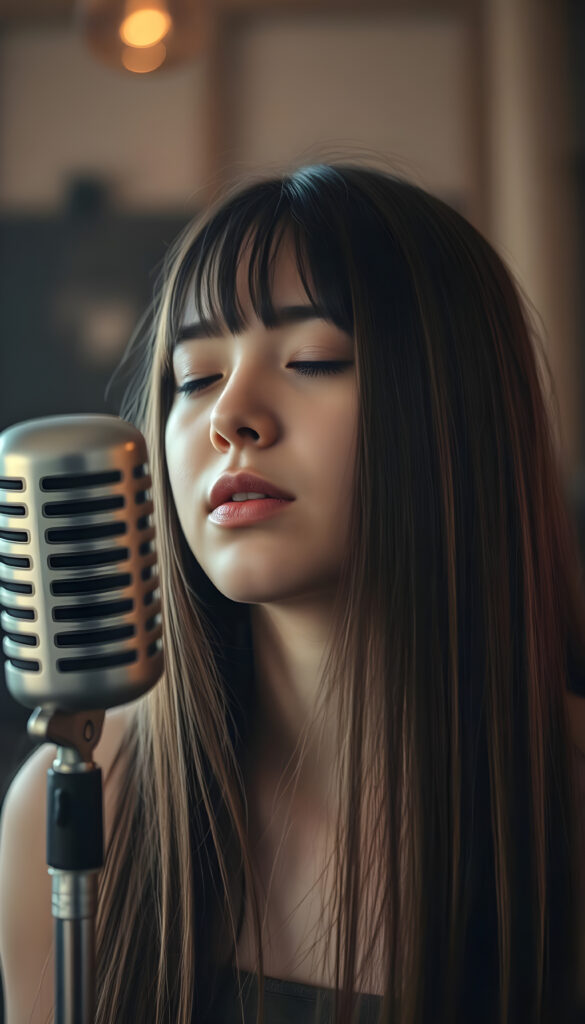 a young singer with long straight hair in front of an old retro microphone, closed eyes