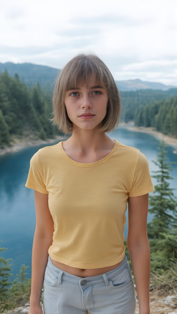 a young, stunning adult teen girl with a yellow thin short t-shirt stands in front of a deep blue lake surrounded by a forest, she has short straight hair, perfect body