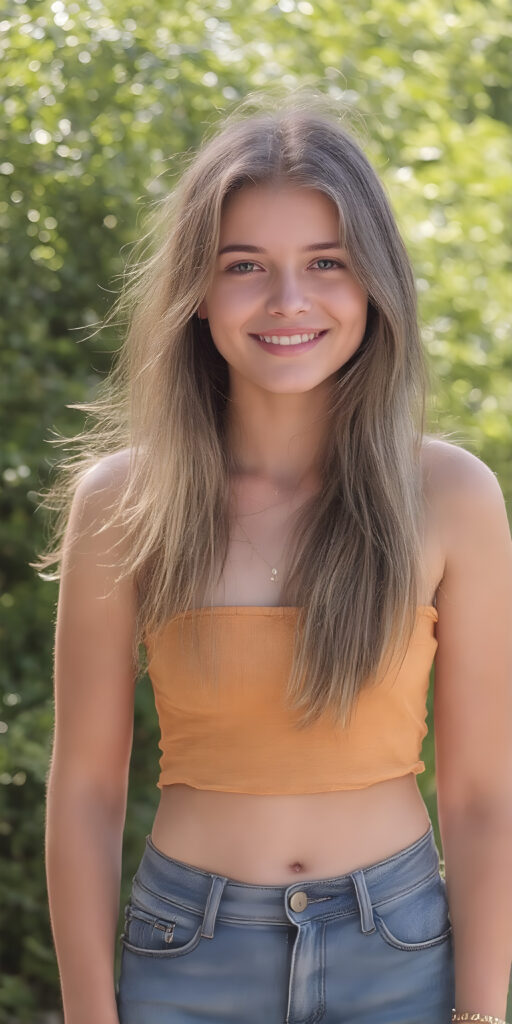 a young stunning gorgeous girl, short tank top, jeans pants, smile, long soft hair, natural green sunny backdrop