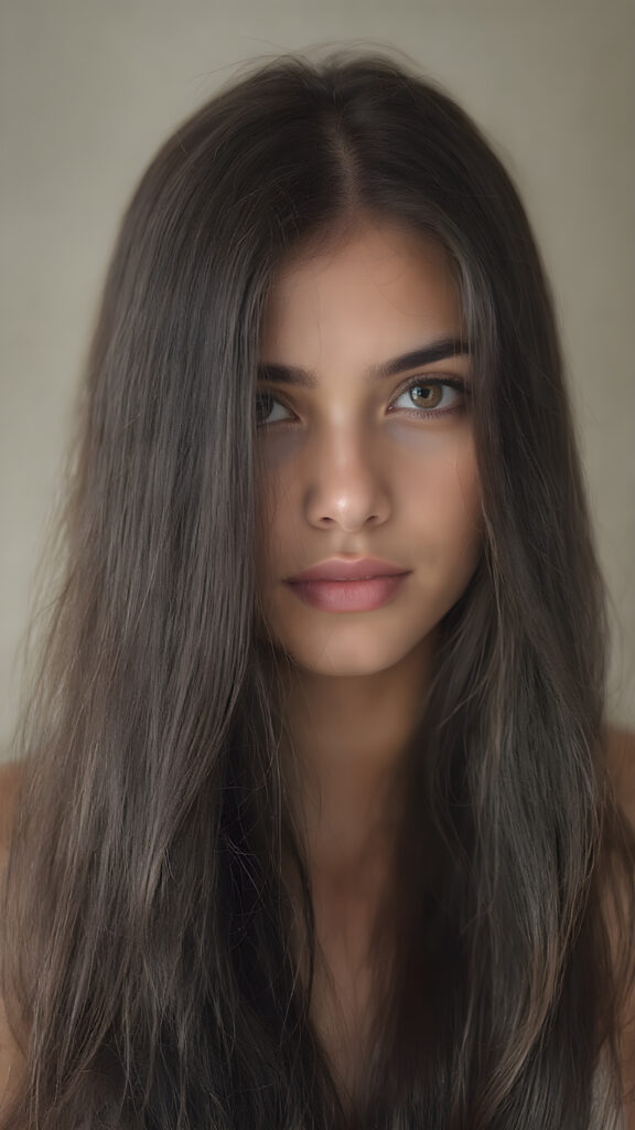 a young super realistic perfect Arab girl, portrait, stunning and gorgeous, her soft long, straight black hair falls down in a wave