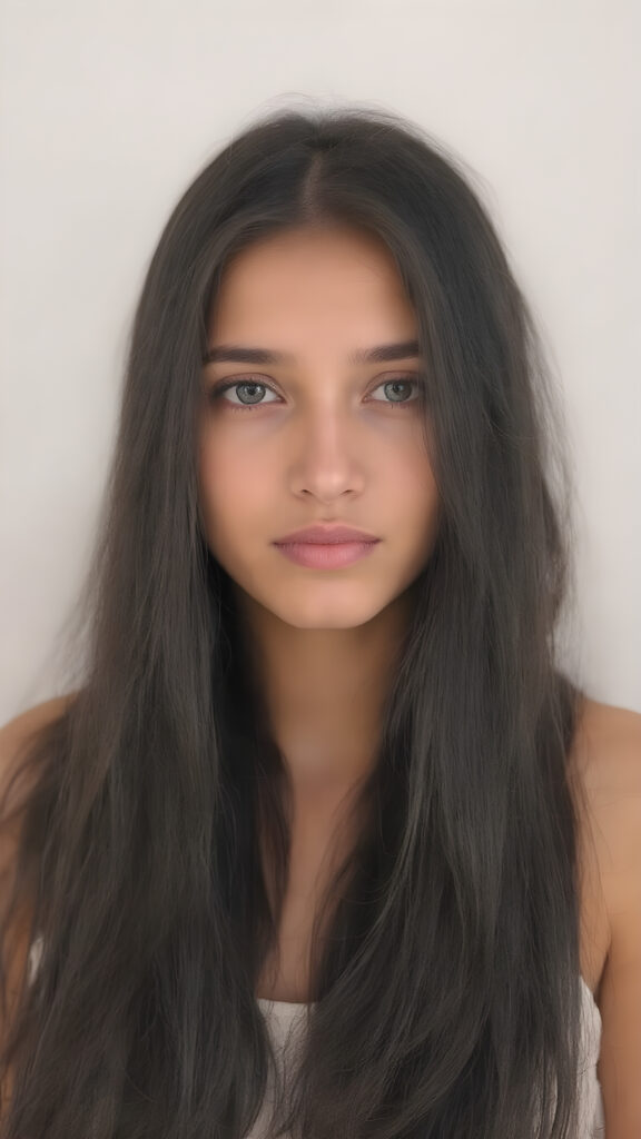 a young super realistic perfect Arab girl, portrait, stunning and gorgeous, her soft long, straight black hair falls down in a wave