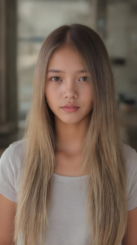 a young tanned asian girl, super long straight blond brown (hair, the same length), the hair falls down to her upper body, stunning, light grey thin t-shirt support her perfect female body