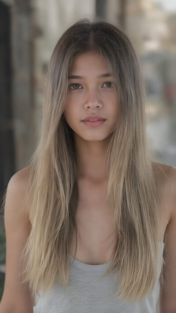 a young tanned asian girl, super long straight blond brown (hair, the same length), the hair falls down to her upper body, stunning, light grey thin t-shirt support her perfect female body
