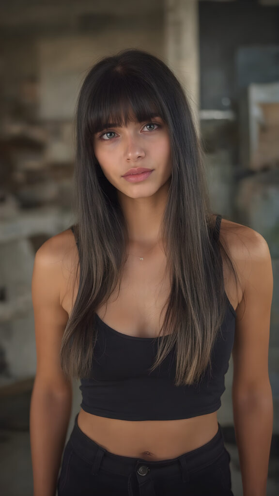 a young tanned female girl in tight black short tight cropped tank top, deep neck, with (long silky black straight soft hair falls down, perfect cut of equal right and left length) short black pants, bangs hairstyle, straight shiny hair, full lips, soft face
