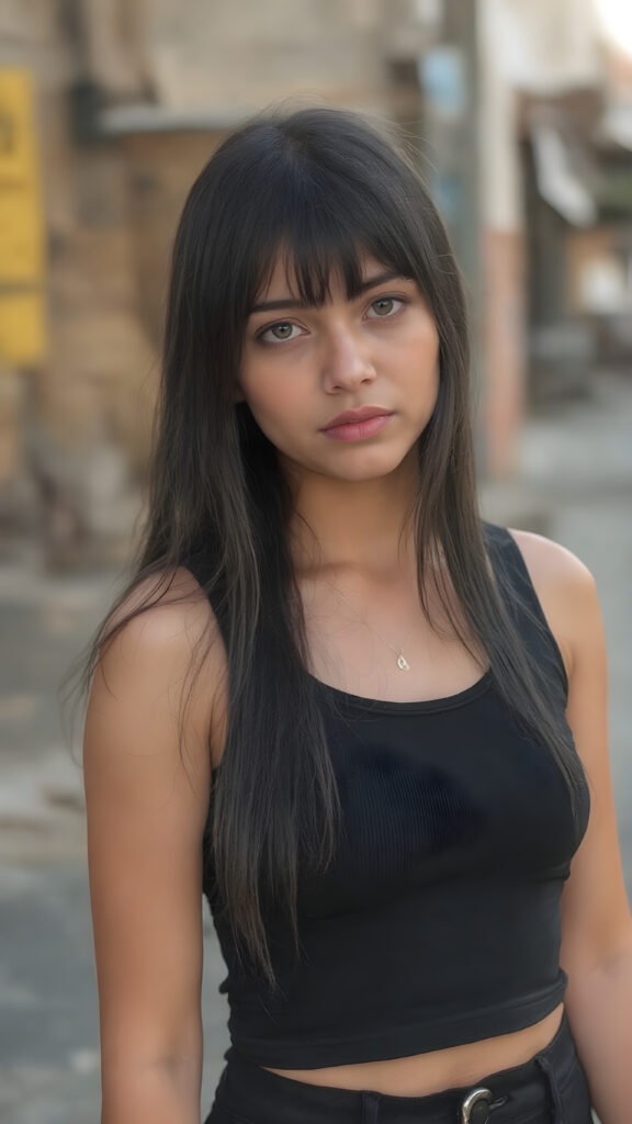 a young tanned female girl in tight black short tight cropped tank top, deep neck, with (long silky black straight soft hair falls down, perfect cut of equal right and left length) short black pants, bangs hairstyle, straight shiny hair, full lips, soft face