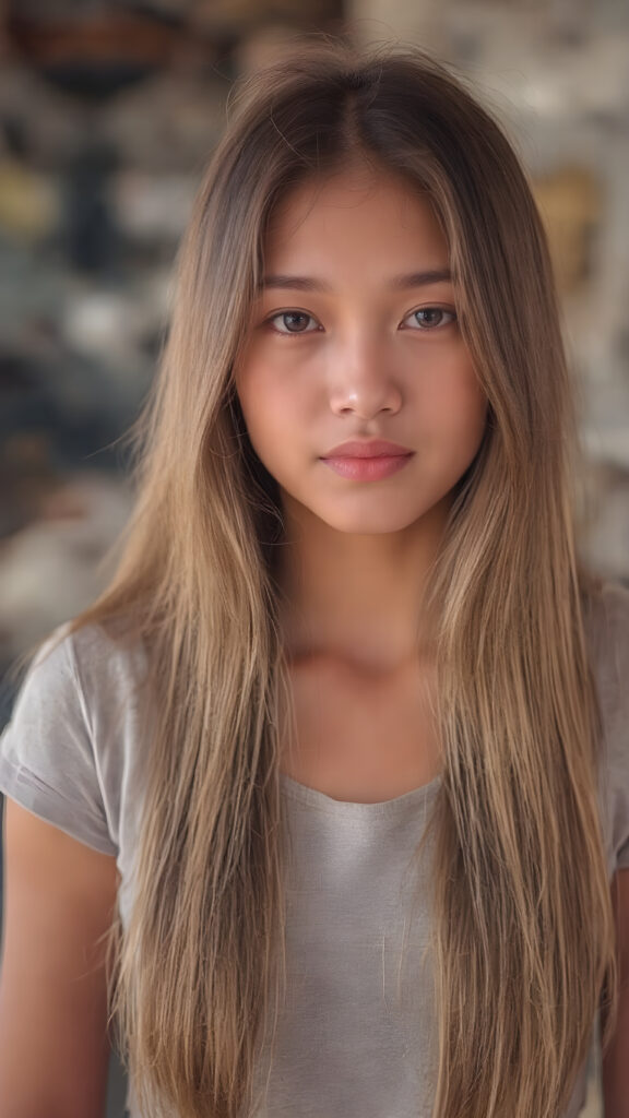 a young tanned asian girl, super long straight blond brown (hair, the same length), the hair falls down to her upper body, stunning, light grey thin t-shirt support her perfect female body