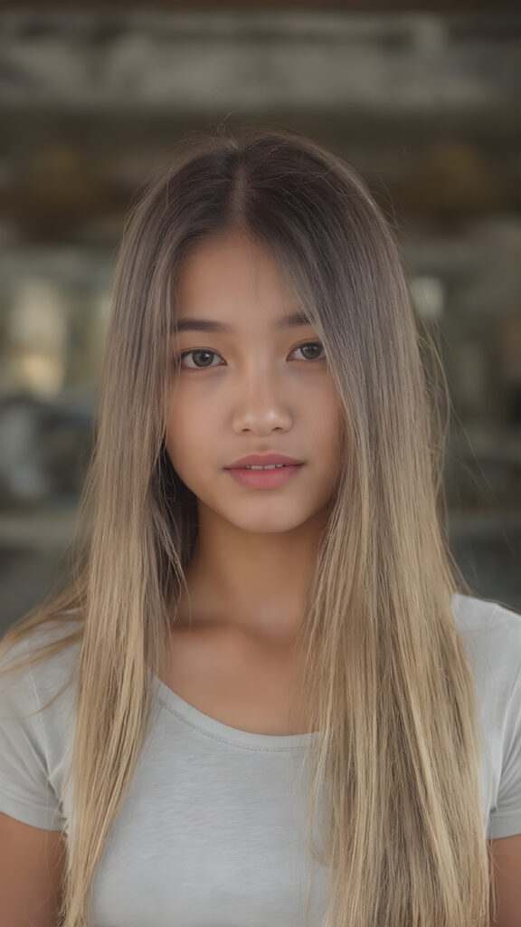 a young tanned asian girl, super long straight blond brown (hair, the same length), the hair falls down to her upper body, stunning, light grey thin t-shirt support her perfect female body