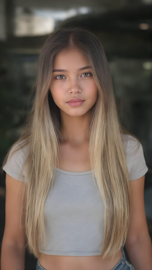a young tanned asian girl, super long straight blond brown (hair, the same length), the hair falls down to her upper body, stunning, light grey thin t-shirt support her perfect female body