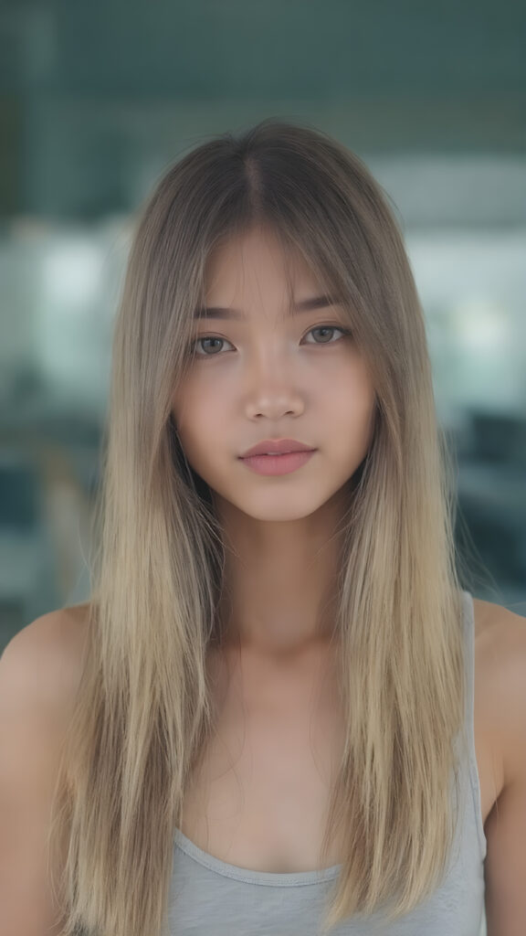 a young tanned asian girl, super long straight blond brown (hair, the same length), the hair falls down to her upper body, stunning, light grey thin t-shirt support her perfect female body