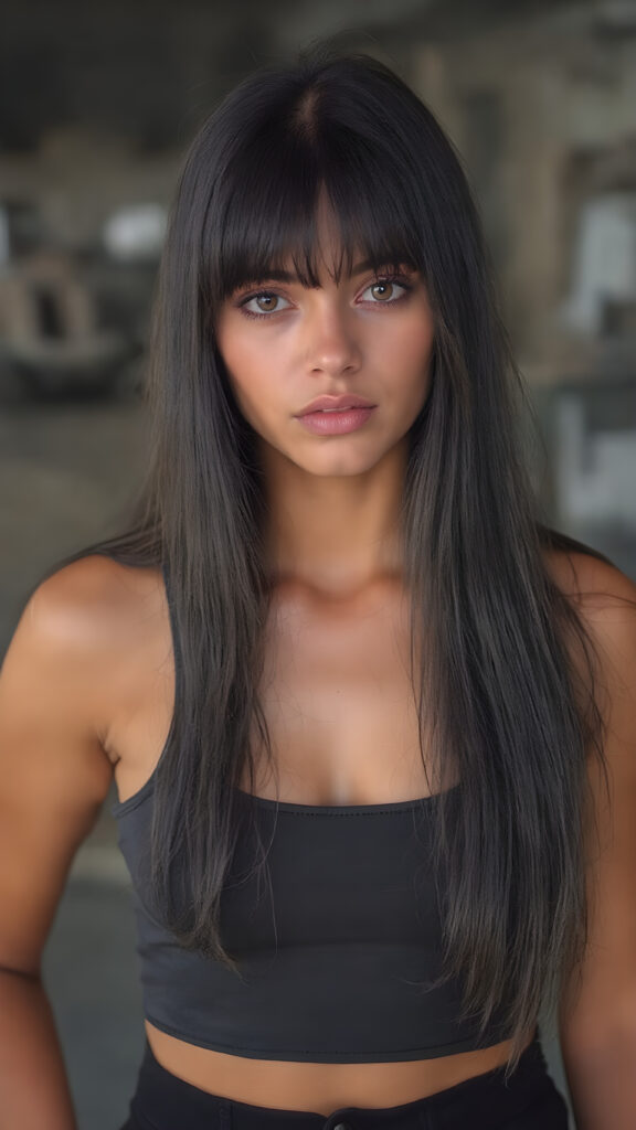 a young tanned female girl in tight black short tight cropped tank top, deep neck, with (long silky black straight soft hair falls down, perfect cut of equal right and left length) short black pants, bangs hairstyle, straight shiny hair, full lips, soft face
