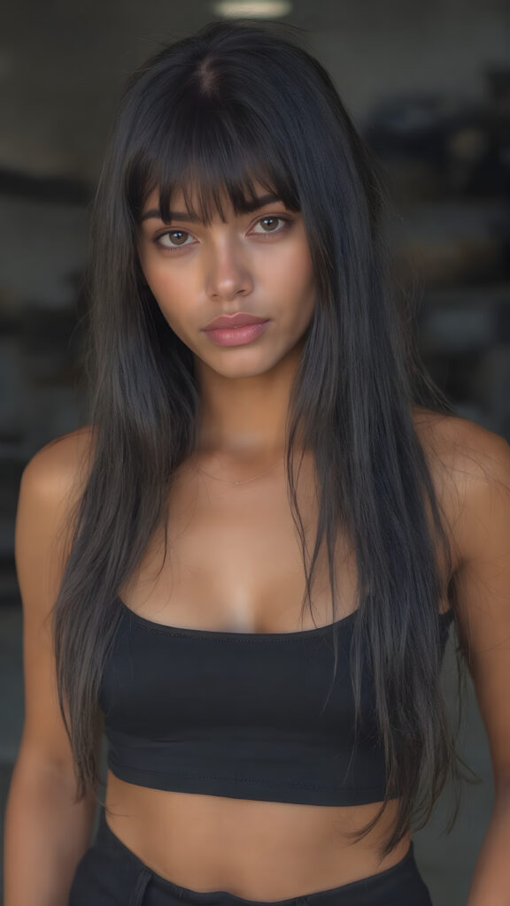 a young tanned female girl in tight black short tight cropped tank top, deep neck, with (long silky black straight soft hair falls down, perfect cut of equal right and left length) short black pants, bangs hairstyle, straight shiny hair, full lips, soft face