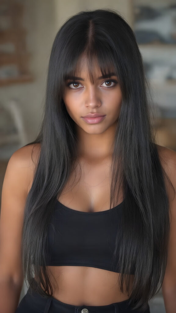 a young tanned female girl in tight black short tight cropped tank top, deep neck, with (long silky black straight soft hair falls down, perfect cut of equal right and left length) short black pants, bangs hairstyle, straight shiny hair, full lips, soft face