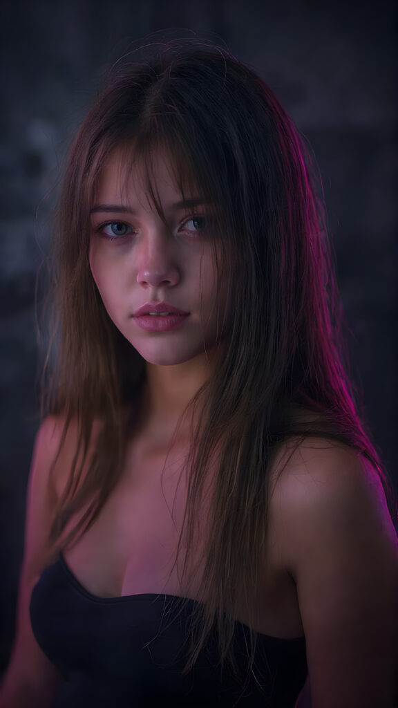 a young techno babe girl, black long straight hair, neon light backdrop