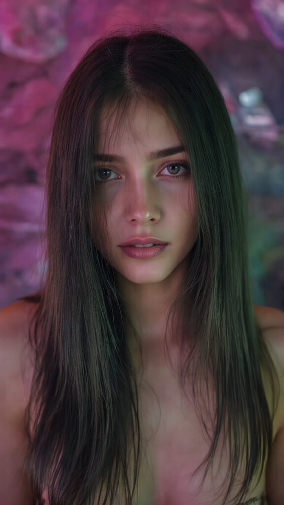 a young techno babe girl, black long straight hair, neon light backdrop