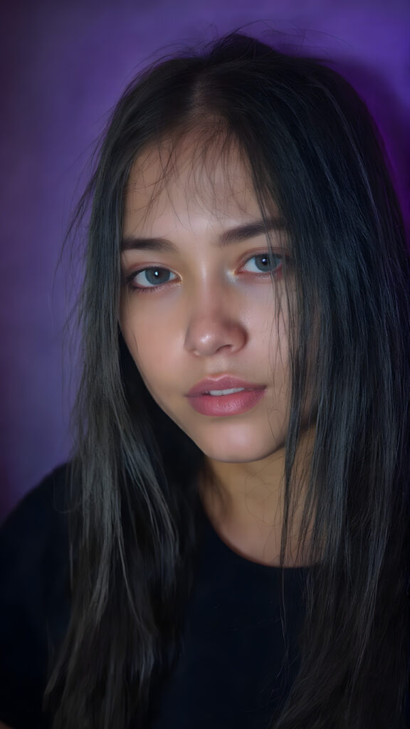 a young techno babe girl, black long straight hair, neon light backdrop