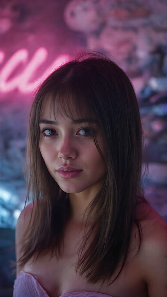 a young techno babe girl, black long straight hair, neon light backdrop