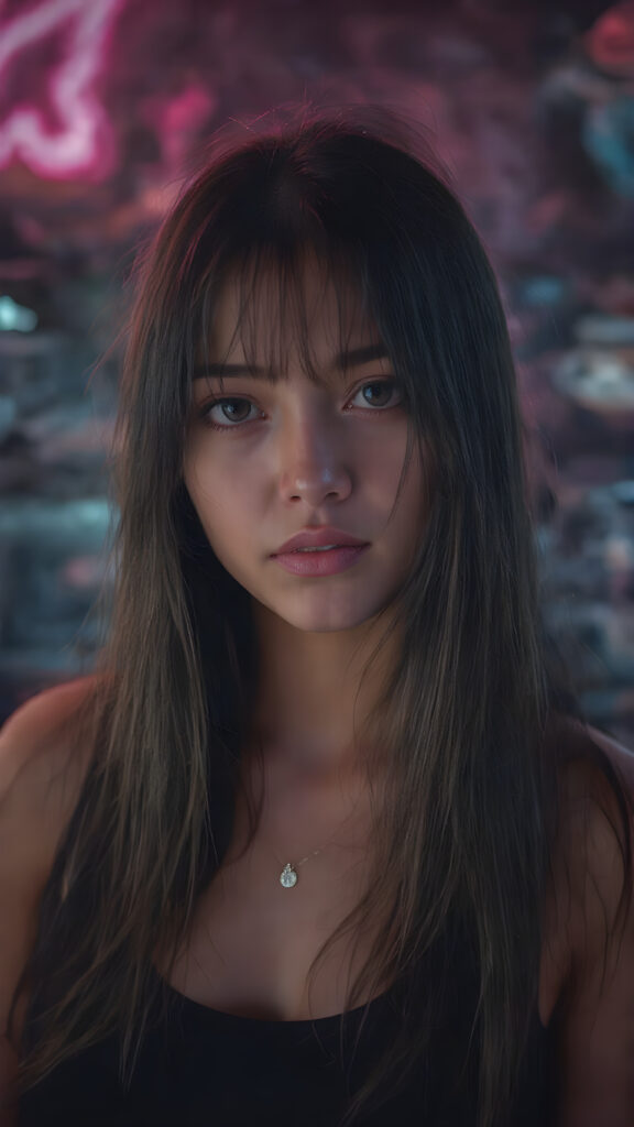 a young techno babe girl, black long straight hair, neon light backdrop