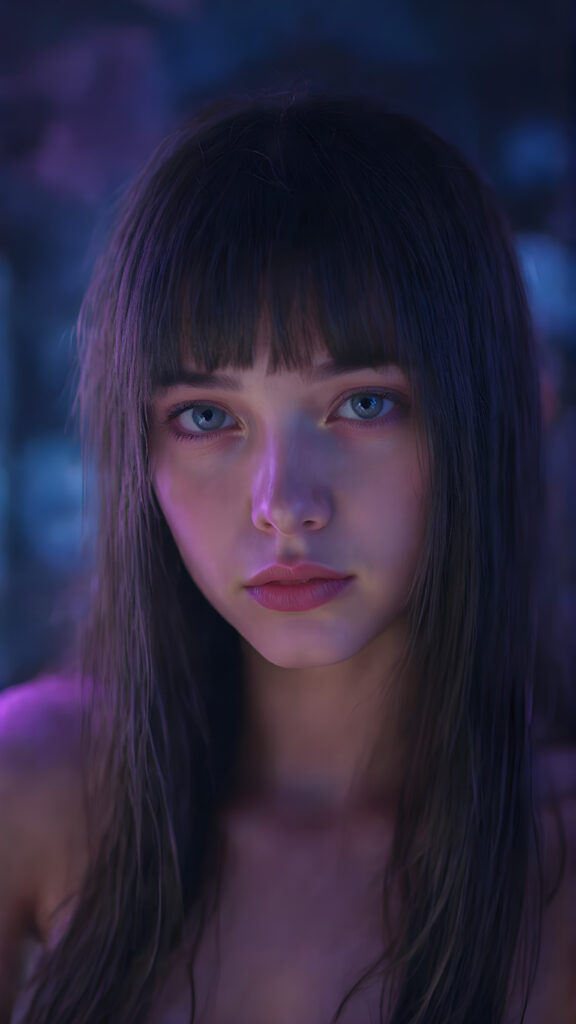 a young techno babe girl, black long straight hair, neon light backdrop