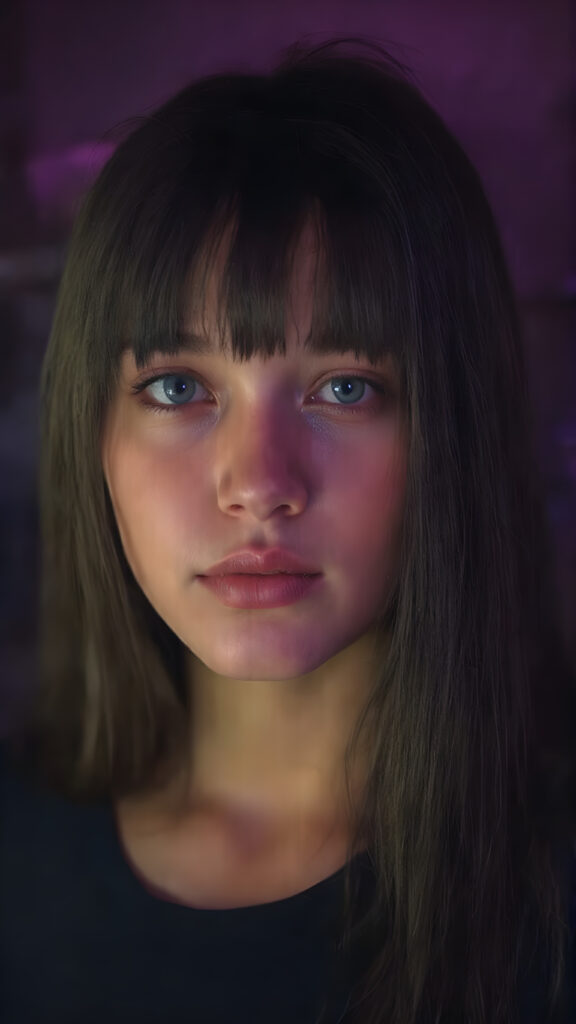 a young techno babe girl, black long straight hair, neon light backdrop