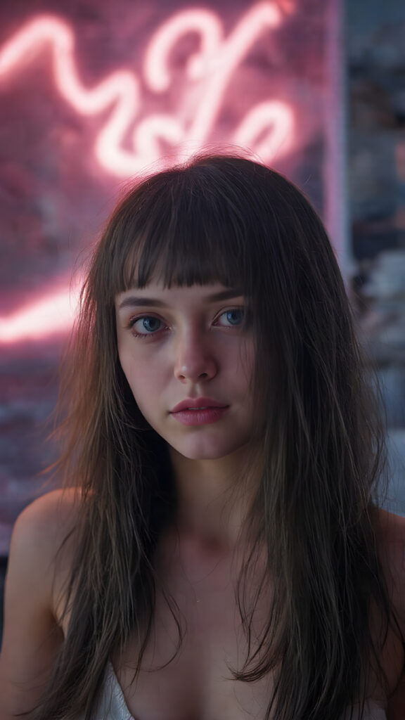 a young techno babe girl, black long straight hair, neon light backdrop