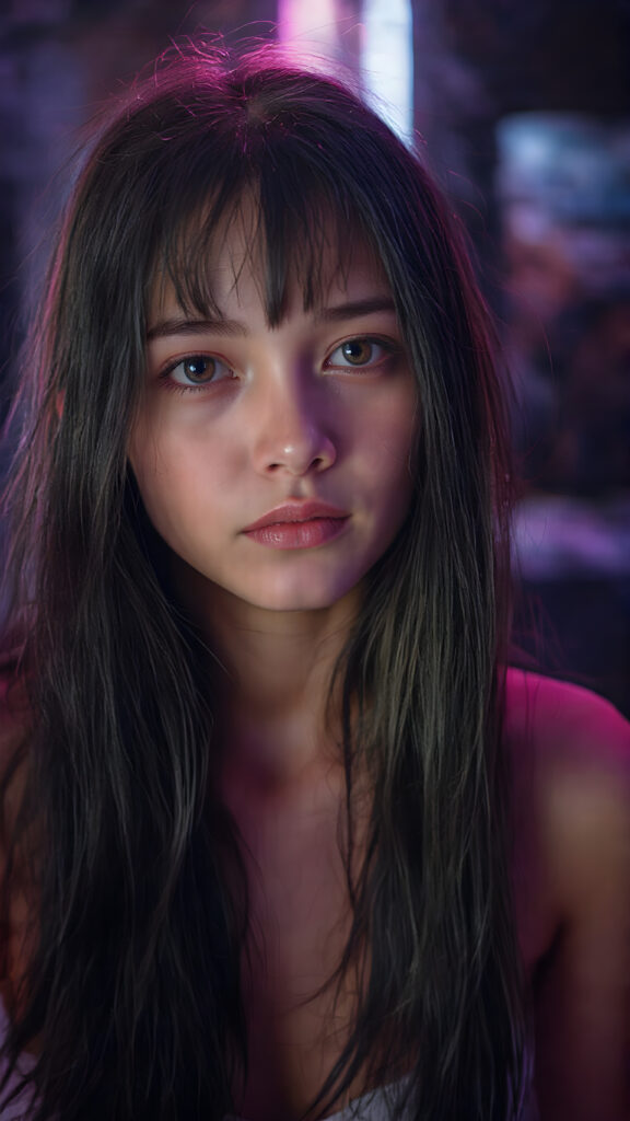 a young techno babe girl, black long straight hair, neon light backdrop