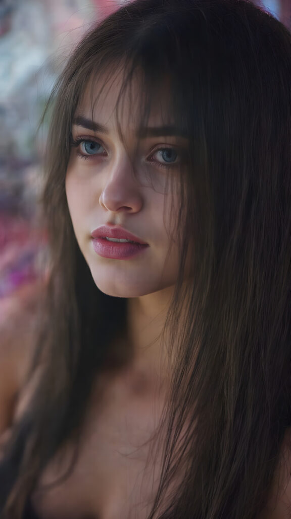 a young techno babe girl, black long straight hair, neon light backdrop