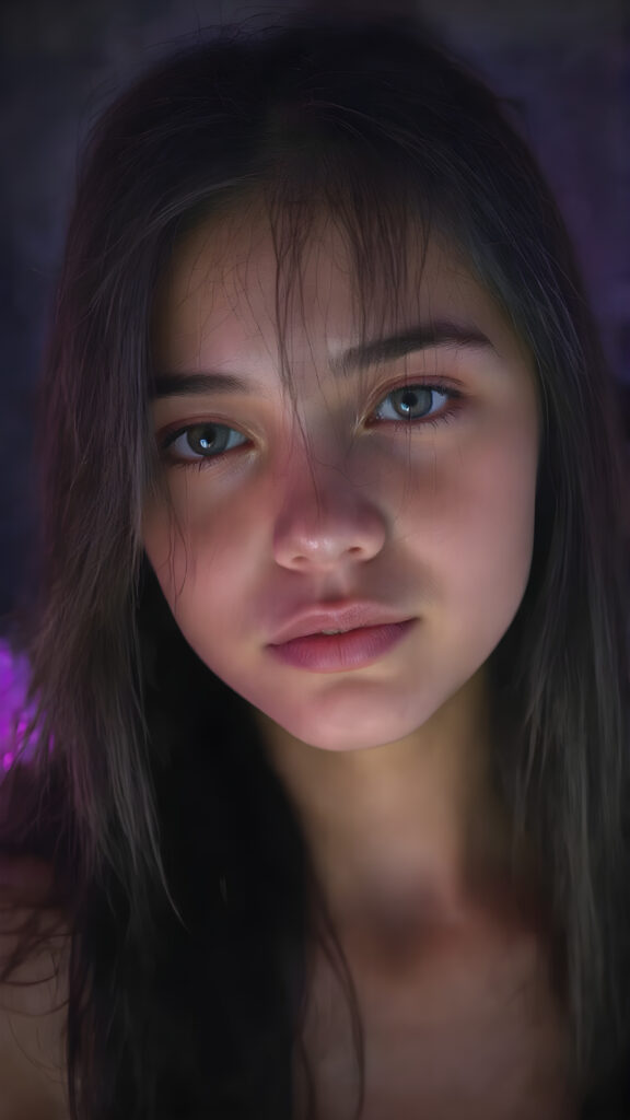 a young techno babe girl, black long straight hair, neon light backdrop