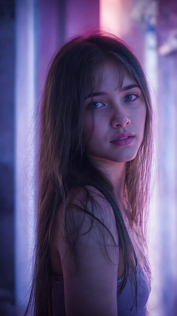 a young techno babe girl, black long straight hair, neon light backdrop