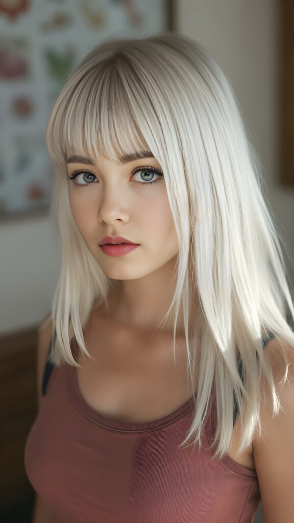 a (((young teen girl))), wears a short cropped tank top, straight soft long white hair, ((round face)), full kissable lips, round eyes, perfect skin, perfect curved body, side view