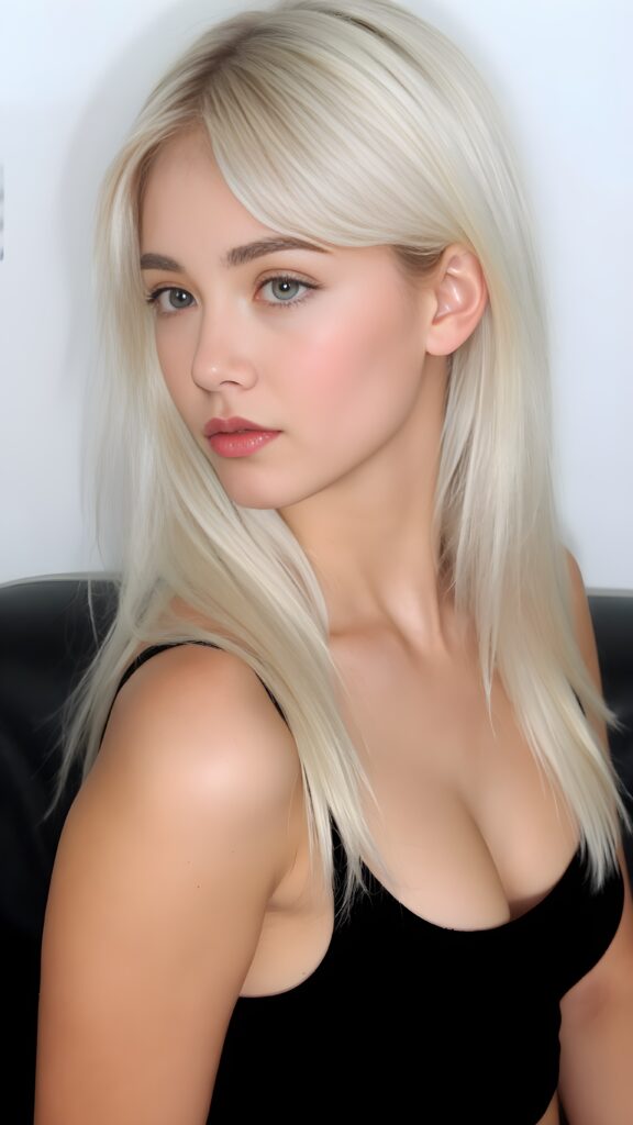 a (((young teen girl))), wears a short cropped tank top, straight soft long white hair, ((round face)), full kissable lips, round eyes, perfect skin, perfect curved body, side view