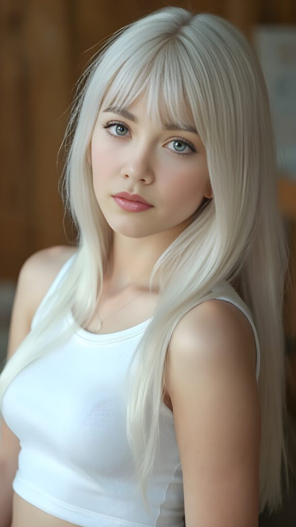 a (((young teen girl))), wears a short cropped tank top, straight soft long white hair, ((round face)), full kissable lips, round eyes, perfect skin, perfect curved body, side view