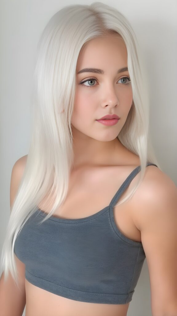 a (((young teen girl))), wears a short cropped tank top, straight soft long white hair, ((round face)), full kissable lips, round eyes, perfect skin, perfect curved body, side view