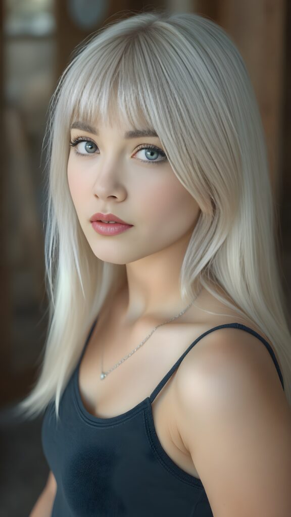 a (((young teen girl))), wears a short cropped tank top, straight soft long white hair, ((round face)), full kissable lips, round eyes, perfect skin, perfect curved body, side view