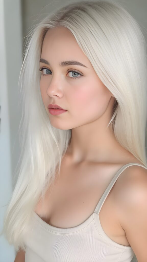 a (((young teen girl))), wears a short cropped tank top, straight soft long white hair, ((round face)), full kissable lips, round eyes, perfect skin, perfect curved body, side view