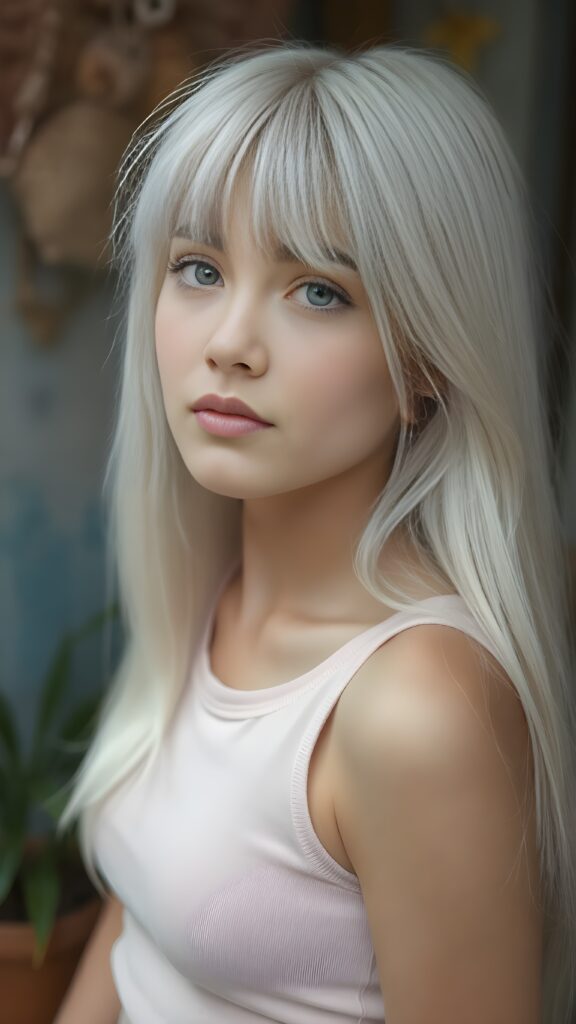 a (((young teen girl))), wears a short cropped tank top, straight soft long white hair, ((round face)), full kissable lips, round eyes, perfect skin, perfect curved body, side view