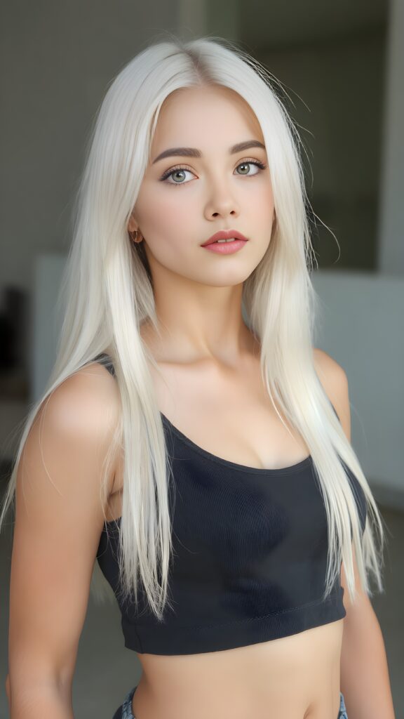 a (((young teen girl))), wears a short cropped tank top, straight soft long white hair, ((round face)), full kissable lips, round eyes, perfect skin, perfect curved body, side view