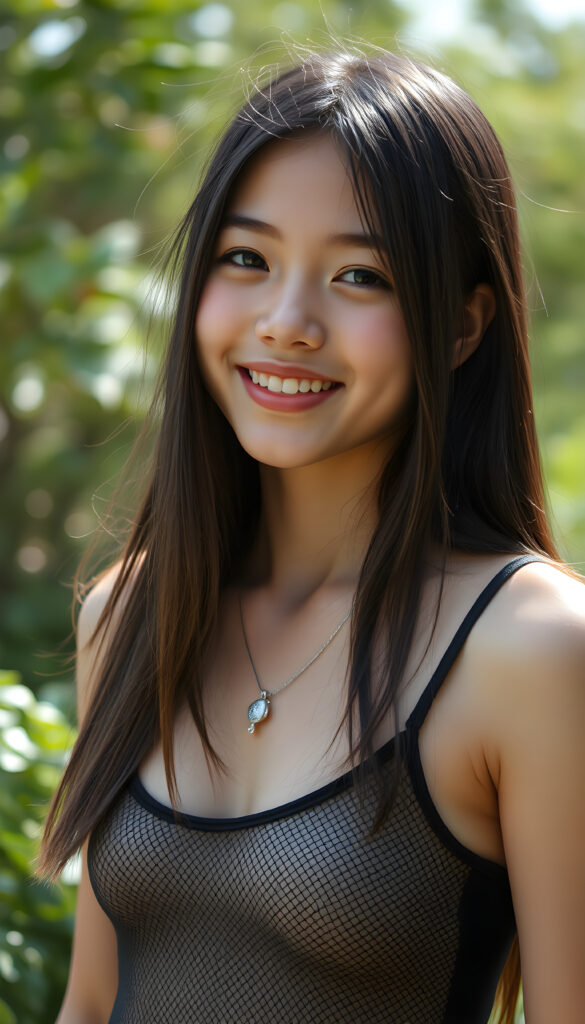 a young teen babe, dark straight soft hair, smile, in emo style, sunny green backdrop, she is wearing a thin, black mesh cropped tank top, deep neck.