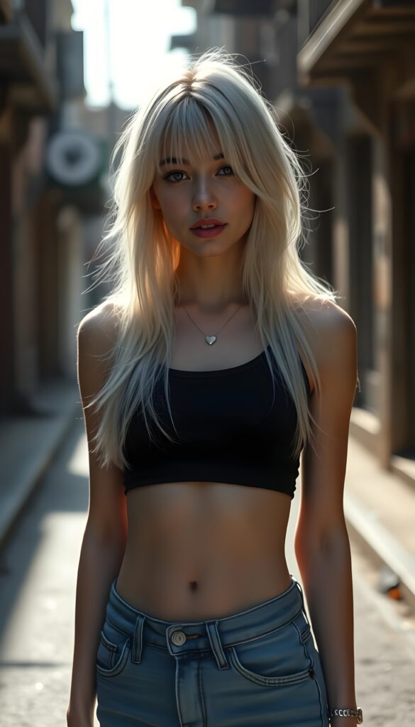 a young teen babe with soft long white straight hair, standing in a sunny alleyway, she is dressed in a black short cropped sport tank top, blue denim jeans pants, her expression is enigmatic, knowing smile. She shows her cute round small dark belly button. She wars a silver heart necklace.