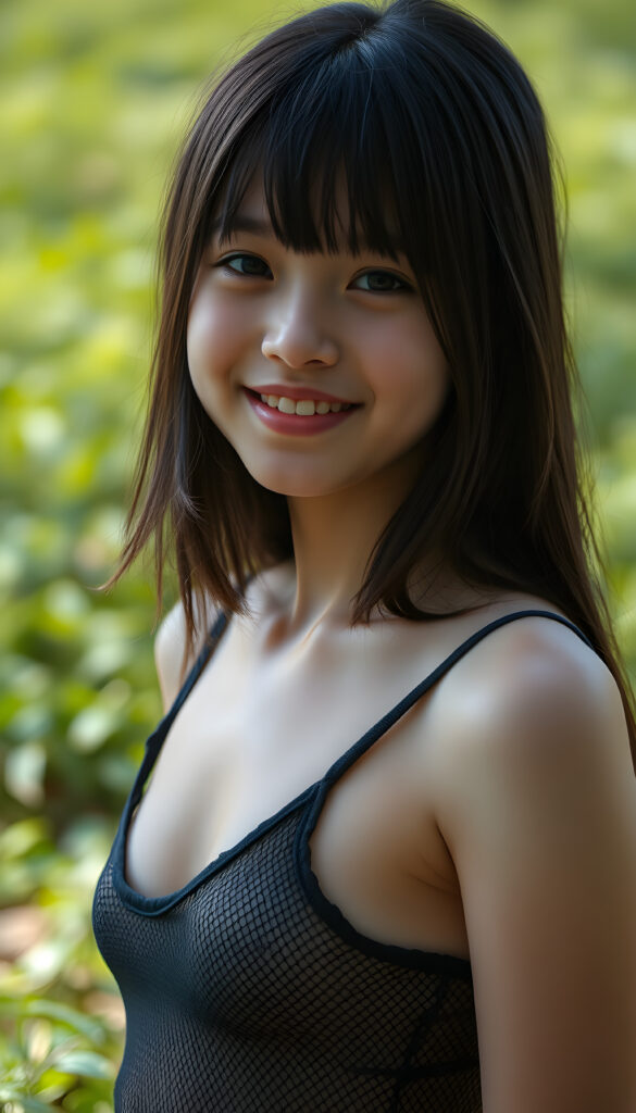 a young teen babe, dark straight soft hair, smile, in emo style, sunny green backdrop, she is wearing a thin, black mesh cropped tank top, deep neck.