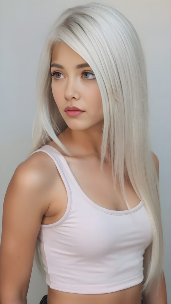 a (((young teen girl))), wears a short cropped tank top, straight soft long white hair, ((round face)), full kissable lips, round eyes, perfect skin, perfect curved body, side view