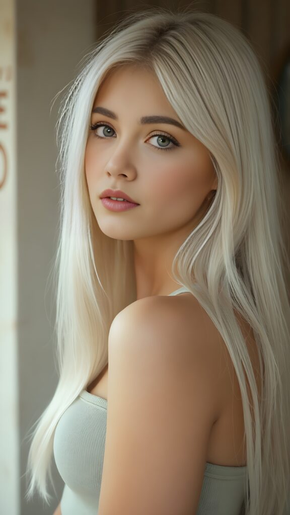 a (((young teen girl))), wears a short cropped tank top, straight soft long white hair, ((round face)), full kissable lips, round eyes, perfect skin, perfect curved body, side view