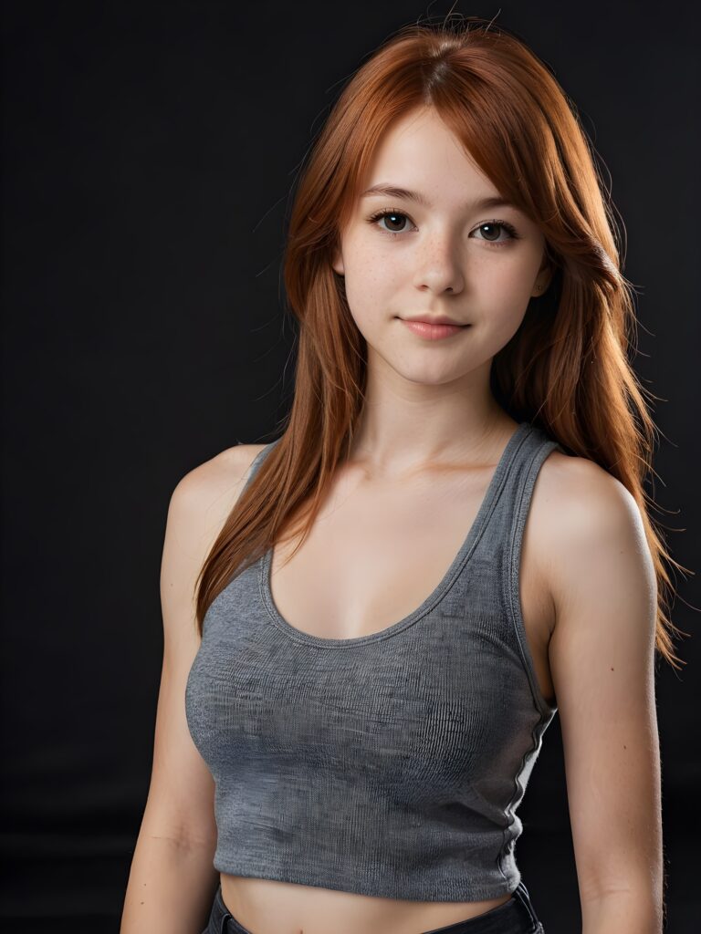 a (((young teen girl))), 15 years old with (((jet auburn-red thick straight long hair))) and bangs, wearing a (((fine grey wool cropped tank top))), capturing (((stunning gorgeousness))) against a (((black background)))