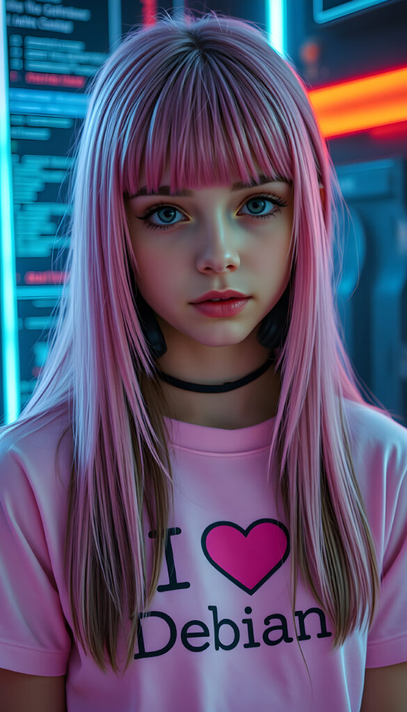 a young teen e-girl, long straight open COLOR soft hair with light brown highlights, bangs, her hair has the same length right and left, (she wears a pink t-shirt with the inscription ("I love Debian")))), cyberpunk style, all against a neon backdrop