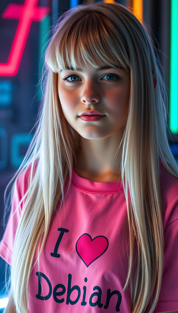 a young teen e-girl, long straight open COLOR soft hair with light brown highlights, bangs, her hair has the same length right and left, (she wears a pink t-shirt with the inscription ("I love Debian")))), cyberpunk style, all against a neon backdrop